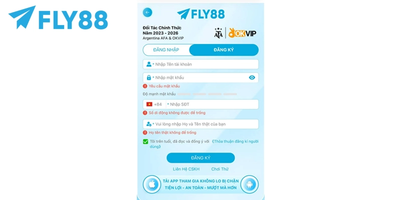 Điền đầy đủ các thông tin để tạo tài khoản FLY88